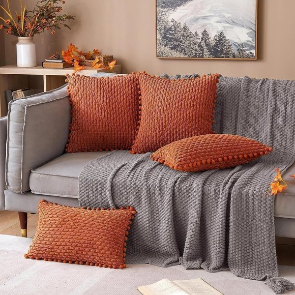 Pompom Orange Stripe Texture Corduroy Farmhouse Cute Luxury Soft PillowCover Set - Picture 2 of 7